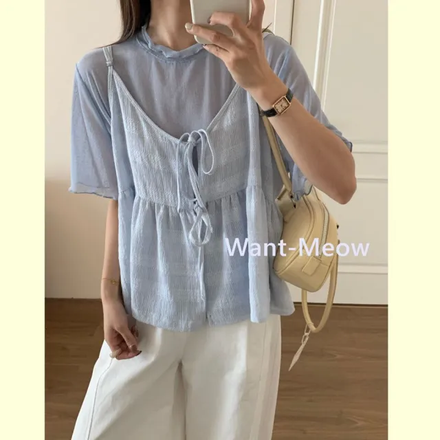 【Want-Meow】100公斤可穿/日系搭配必備/荷葉領透膚短袖捲邊針織內搭上衣(大碼/大尺碼/加大碼/短袖上衣)
