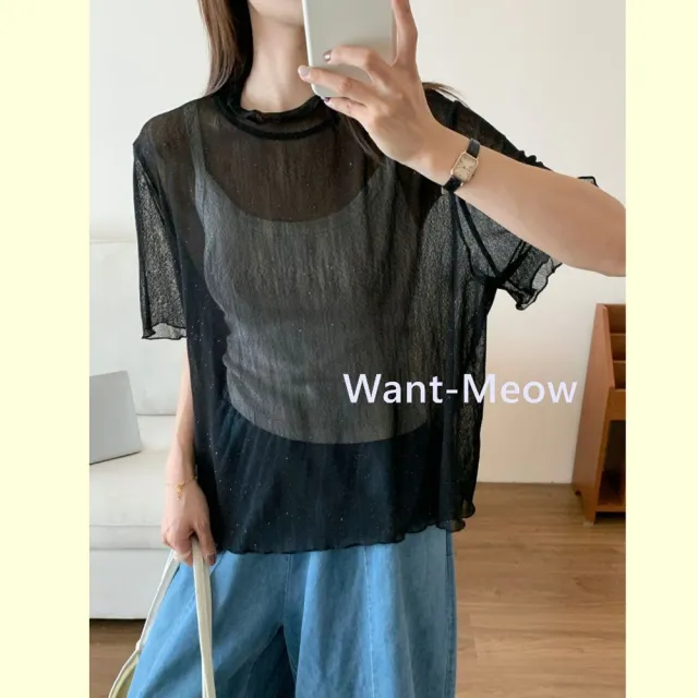【Want-Meow】100公斤可穿/日系搭配必備/荷葉領透膚短袖捲邊針織內搭上衣(大碼/大尺碼/加大碼/短袖上衣)