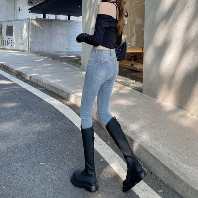 【D.studio】韓版高腰彈性緊身牛仔褲  長褲 休閒褲 高腰褲 直筒褲 黑褲 發熱褲 保暖褲 秋冬女裝 牛仔褲 P48