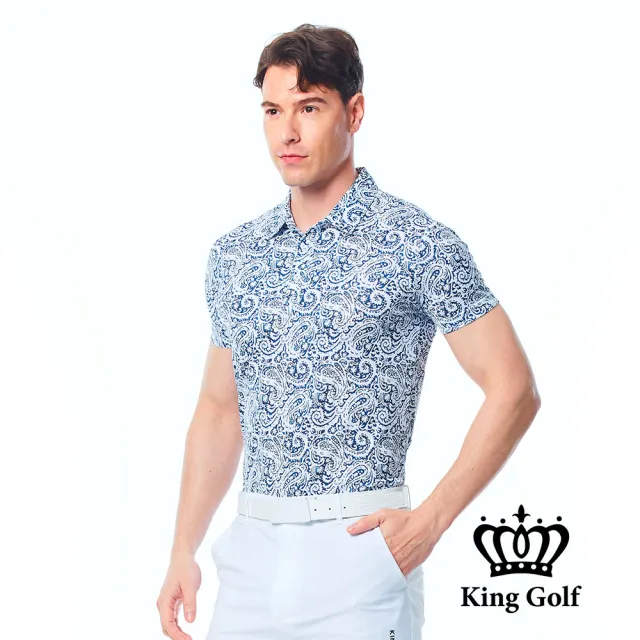 【KING GOLF】速達-網路限定款-男款變形蟲滿版印圖立體LOGO燙標短袖POLO衫/高爾夫球衫-丈青