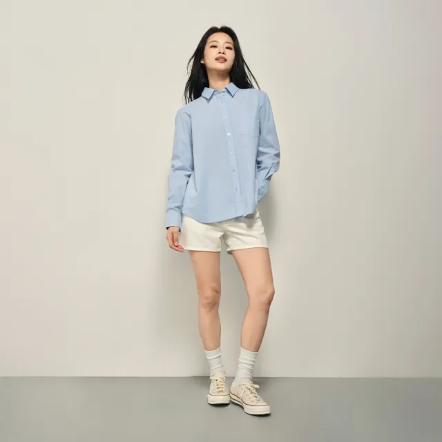 【GIORDANO 佐丹奴】韓系選品 女裝寬鬆休閒萊卡棉單口袋長袖襯衫(95 柔和藍)