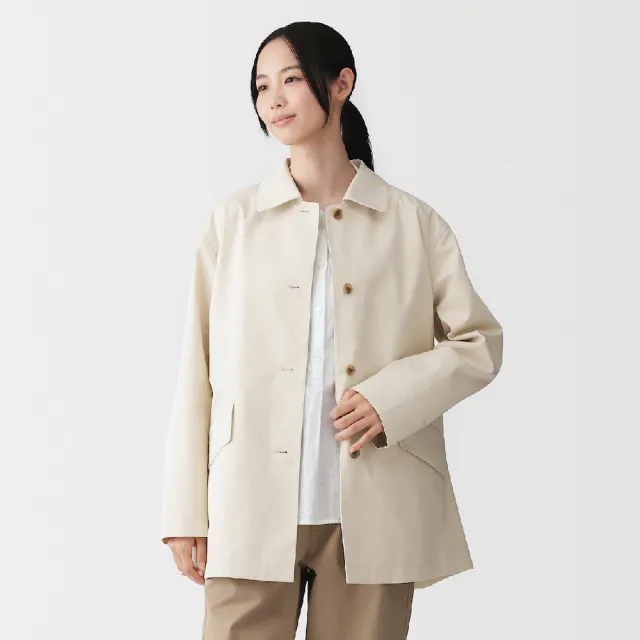 【MUJI 無印良品】女撥水加工棉混斜紋織折領短大衣(象牙白/米色/暗藍)