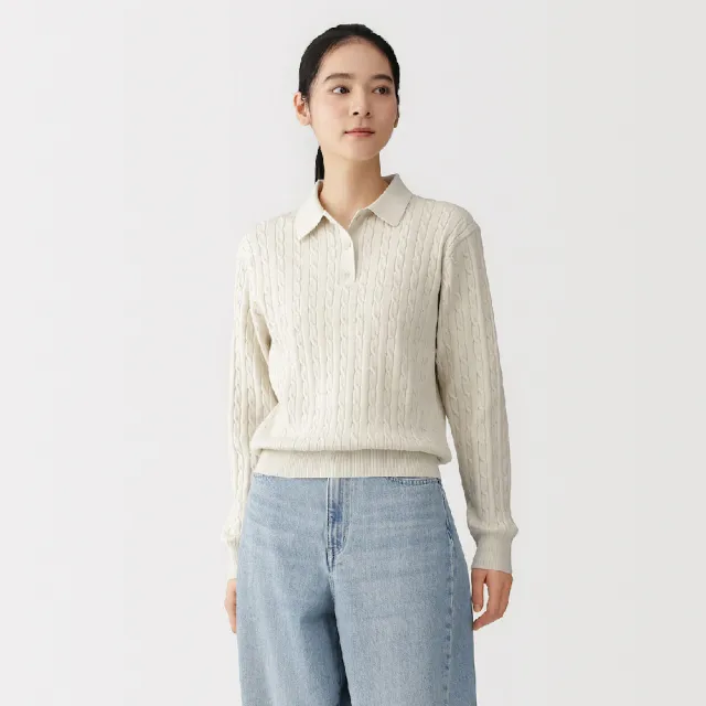 【MUJI 無印良品】女可水洗麻花織紋針織衫(黑色/象牙白/柔白橫紋/淺灰橫紋)