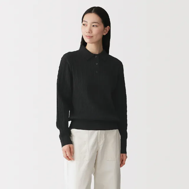 【MUJI 無印良品】女可水洗麻花織紋針織衫(黑色/象牙白/柔白橫紋/淺灰橫紋)