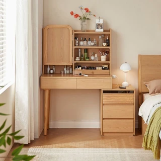 【hoi! 好好生活】Linsy林沐系列多功能儲物櫃櫃附鏡伸縮化妝桌0.76M台灣電壓 原木色