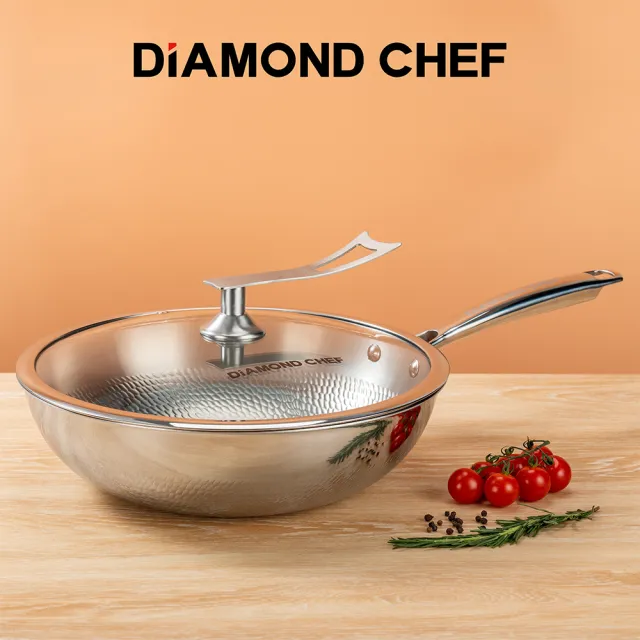 【DIAMOND CHEF】純鈦垂紋不鏽鋼鍋深炒鍋32cm(含可立蓋/IH爐可用/炒菜鍋)