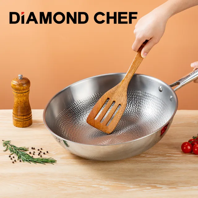 【DIAMOND CHEF】純鈦垂紋不鏽鋼鍋深炒鍋32cm(含可立蓋/IH爐可用/炒菜鍋)