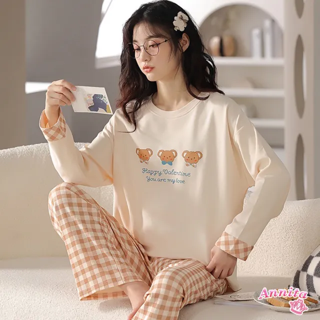 【Annita】交換禮物bra帶胸墊長袖睡衣套裝寬鬆居家休閒服(帶胸墊睡衣 晚安睡衣女睡衣長袖睡衣1212交換禮物)