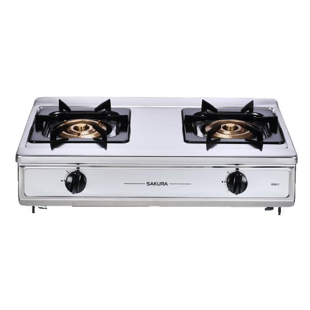  SAKURA櫻花牌 G-5611 雙口瓦斯爐採用不鏽鋼爐臺，傳統外擴火焰設計，提供強勁火力達11~12kW，壓電式自動點火方便使用，不需挖孔安裝，尺寸700 x 420 x 200 mm（含爐架），臺灣製造，能源效率第四級，適用天然瓦斯(NG1)或液化瓦斯(LPG)，保固1年，BSMI許可R51085，標準安裝完美適合廚房。 