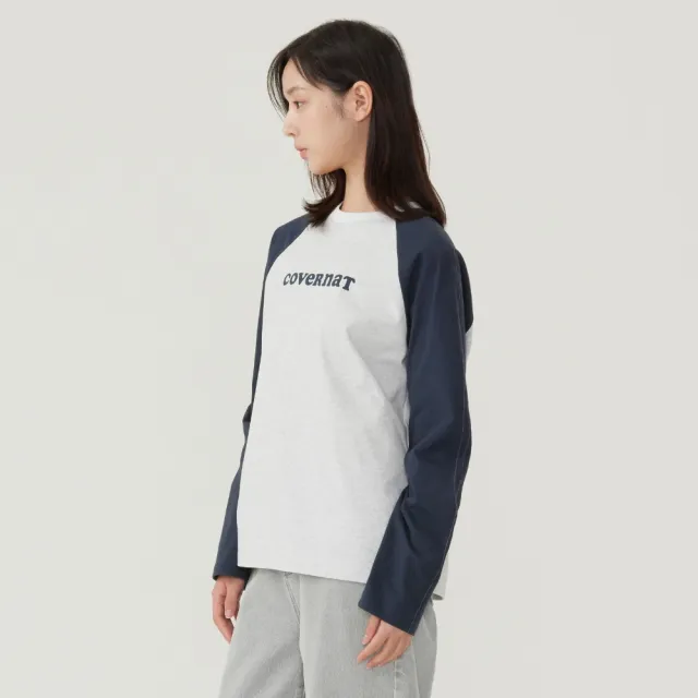 【COVERNAT】女款Logo雙色拼接長袖T恤(WMS長袖上衣 奶油白/混灰色)