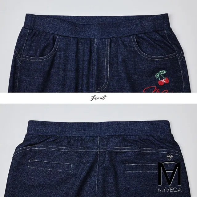 【MYVEGA 麥雪爾】MA櫻桃刺繡鬆緊腰仿牛仔寬直筒九分褲-深藍
