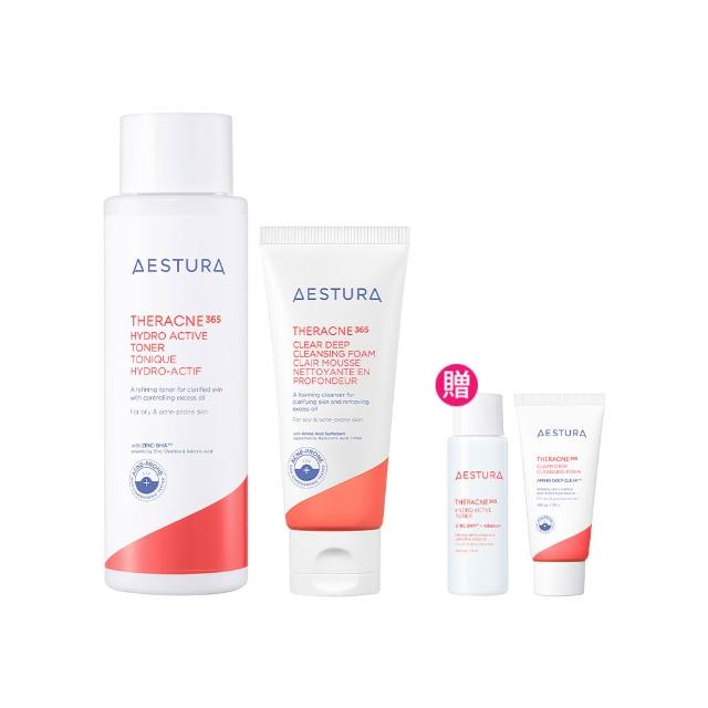 即期品【AESTURA 璦絲特蘭】每日清痘倍護淨透潔顏入門組(潔面泡沫60g、爽膚水200ml)