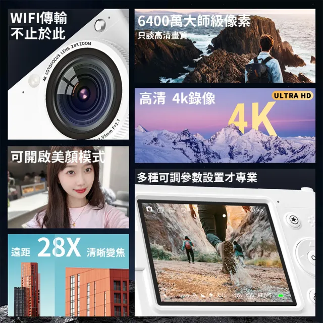 高清數位相機 ccd復古照相機 4K高清美顏+WIFI互傳 錄像機 6400萬輕便卡片機