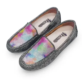 【Normady 諾曼地】女鞋 避震減壓 豆豆鞋 真皮鞋 雅緻銀霧光澤雲彩磁力足弓支撐真皮豆豆鞋(繽紛黑)