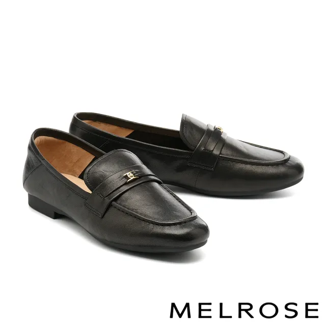 【MELROSE】美樂斯 復古時尚珍珠金屬釦打蠟羊皮樂福低跟鞋(黑)