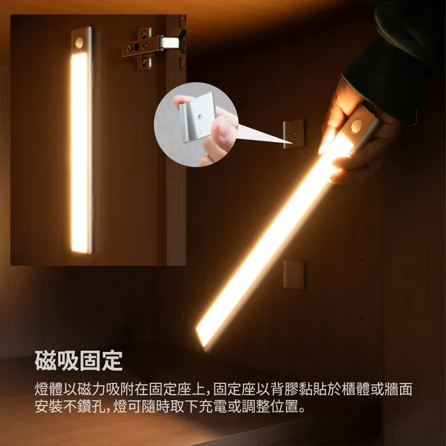 【太星電工】LED人體感應櫥櫃燈40CM 超薄 磁吸安裝 USB充電 三色光 (智能感應/櫥櫃條燈/樓梯燈)WDH040