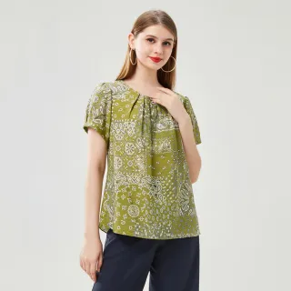 【MYVEGA 麥雪爾】涼感圖騰印花壓褶領上衣-綠