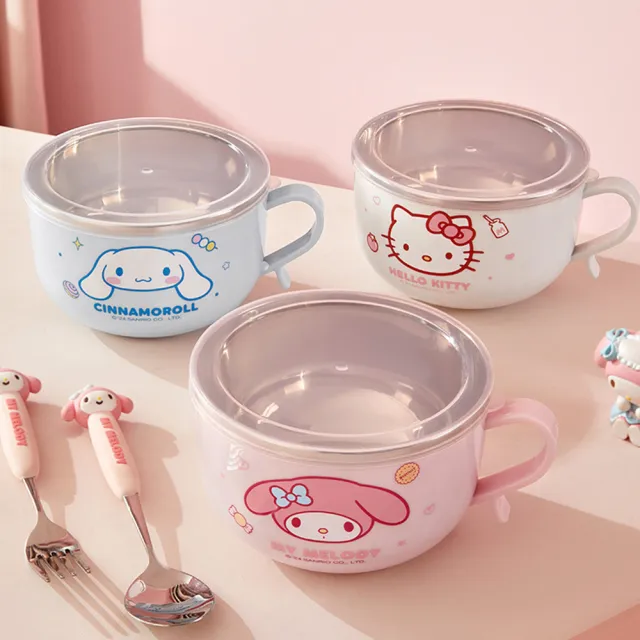 【SANRIO 三麗鷗】大耳狗美樂蒂凱蒂貓304不鏽鋼大容量帶蓋學生餐碗 雙層隔熱碗(附湯匙)
