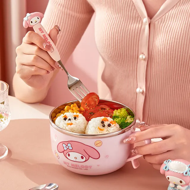 【SANRIO 三麗鷗】大耳狗美樂蒂凱蒂貓304不鏽鋼大容量帶蓋學生餐碗 雙層隔熱碗(附湯匙)