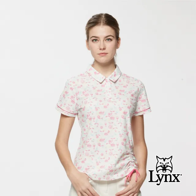 【Lynx Golf】女款吸濕排汗滿版野餐氛圍印花下擺抽繩短袖POLO衫/高爾夫球衫(二色)