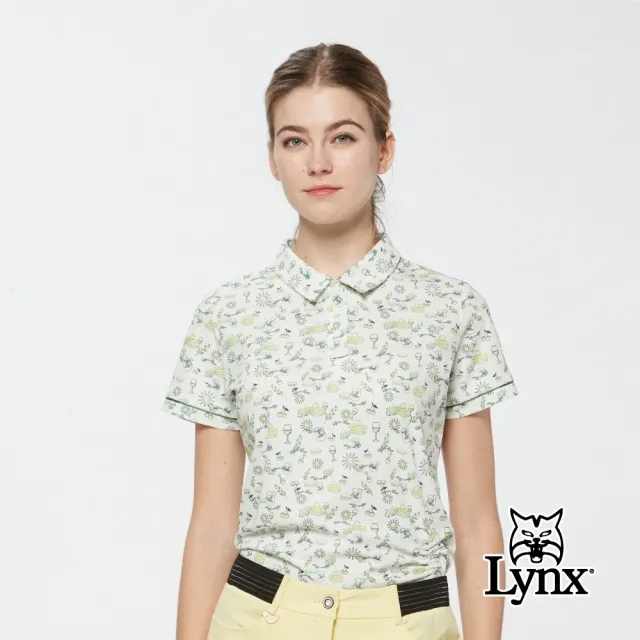 【Lynx Golf】女款吸濕排汗滿版野餐氛圍印花下擺抽繩短袖POLO衫/高爾夫球衫(二色)