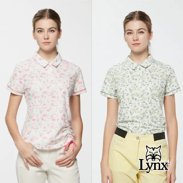 【Lynx Golf】女款吸濕排汗滿版野餐氛圍印花下擺抽繩短袖POLO衫/高爾夫球衫(二色)