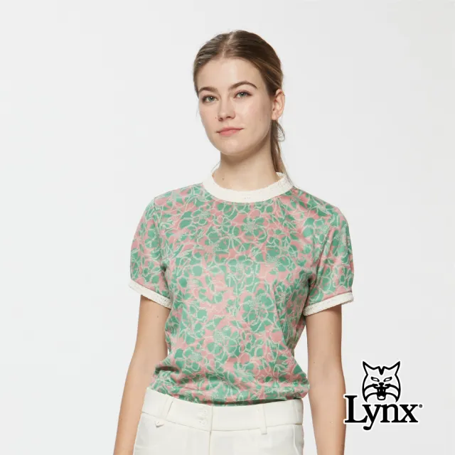 【Lynx Golf】女款義大利進口頂級絲光棉滿版小花圖樣圓領上衣/高爾夫球衫(淺粉色)
