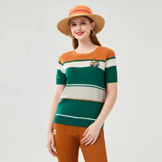 【MYVEGA 麥雪爾】跳色橫紋徽章針織上衣-綠