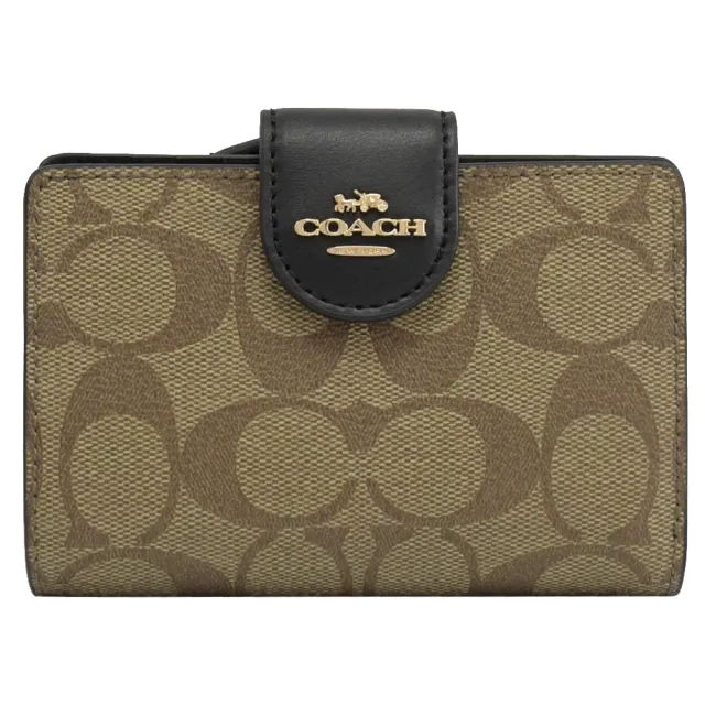 【COACH】金屬LOGO滿版C印花拼接扣式零錢中夾(駝/黑)