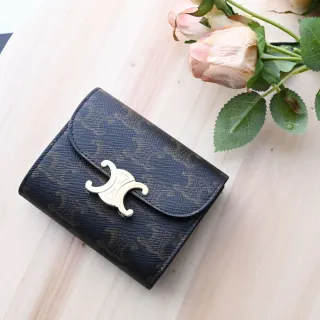 【CELINE】品牌金屬LOGO滿版印花釦式零錢短夾(深咖)