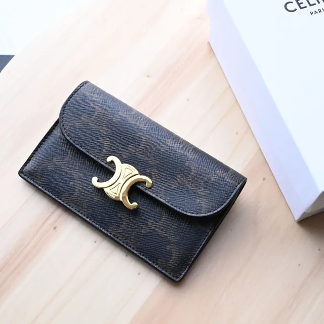 【CELINE】TRIOMPHE 金屬LOGO印花拼接信用卡證件長款零錢包(深咖)