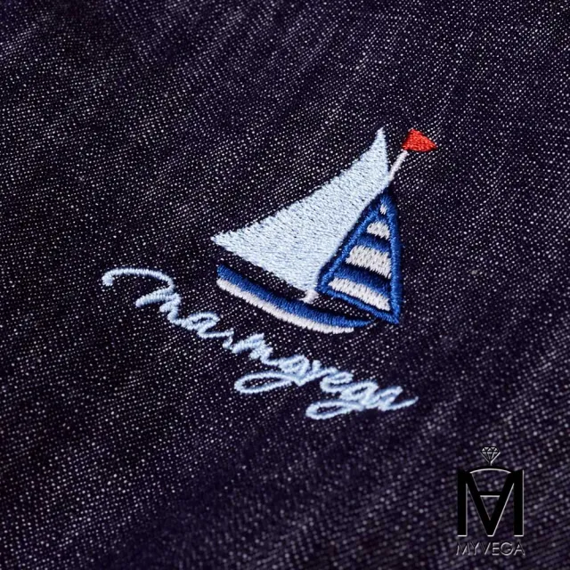【MYVEGA 麥雪爾】MA海軍風刺繡丹寧牛仔短洋裝-深藍