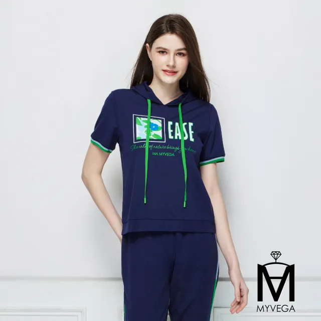 【MYVEGA 麥雪爾】MA休閒風撞色織帶套裝連帽上衣-深藍