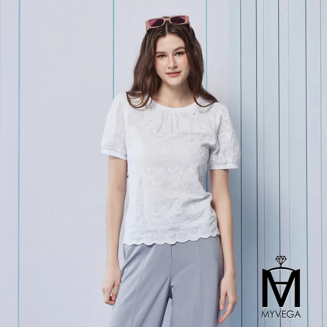 【MYVEGA 麥雪爾】MA純棉蕾絲波浪邊上衣-白