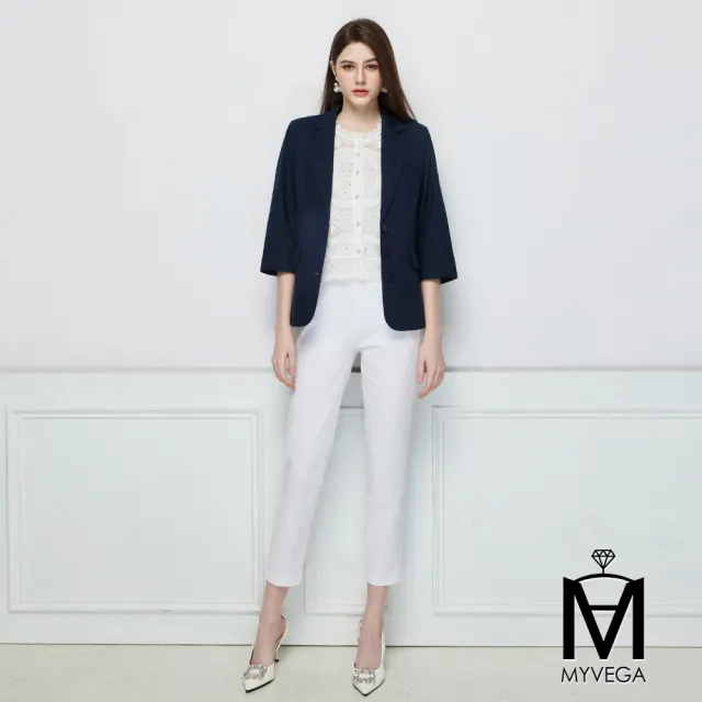 【MYVEGA 麥雪爾】MA亞麻反摺七分袖西裝外套-深藍