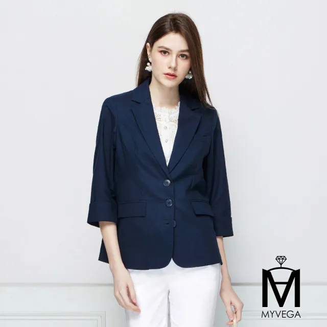 【MYVEGA 麥雪爾】MA亞麻反摺七分袖西裝外套-深藍