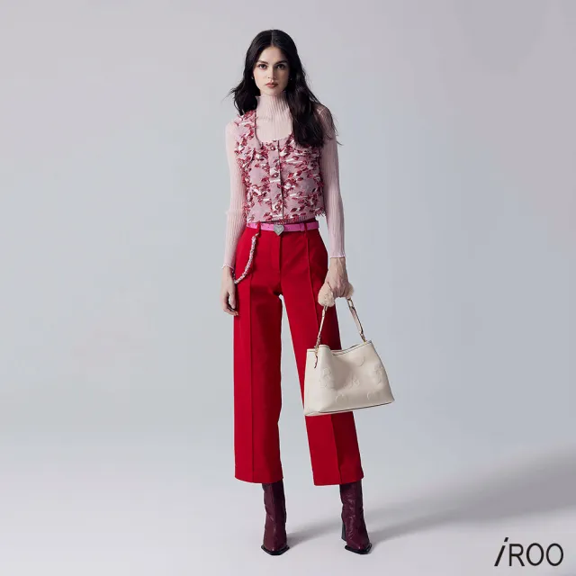 【iROO】優雅深紅色綴鍊帶長褲