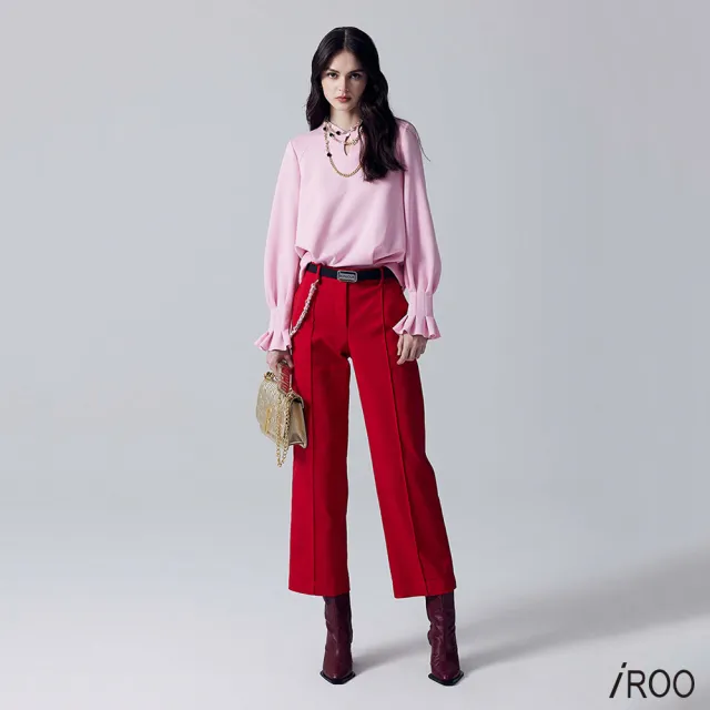 【iROO】優雅深紅色綴鍊帶長褲