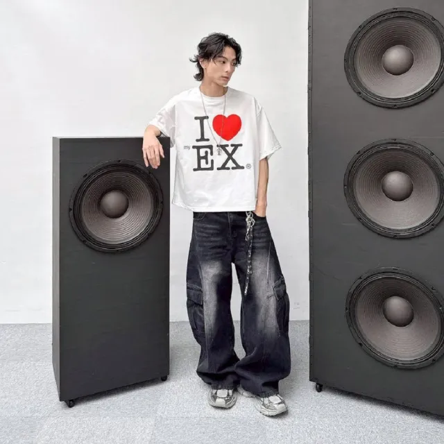 【J.Malo】I☆☆EX 愛心字母印花棉短T(寬鬆圓領T  Oversize短T 落肩短袖上衣 寬鬆圓領上衣 百搭)