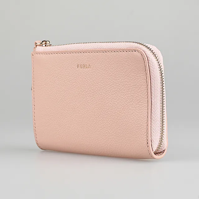 【FURLA 芙拉】FURLA Goccia大寫英文LOGO粒面牛皮內搭尼龍4卡L型拉鍊零錢包(中/粉米色)