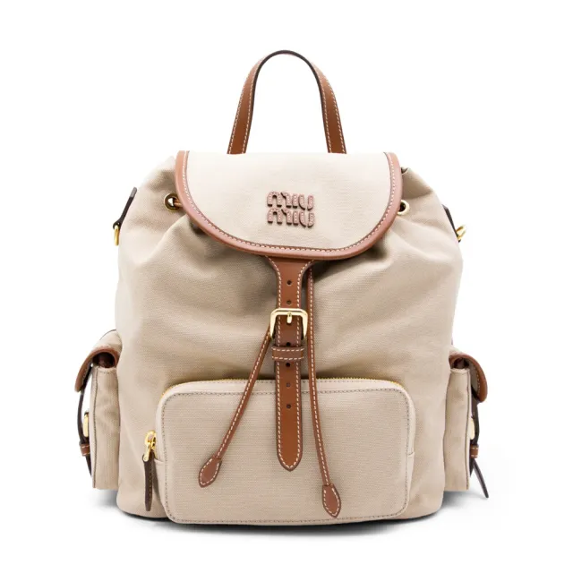 【MIU MIU】Backpack 大號 帆布 皮革 肩背包 後背包 帆船繩米色 白蘭地色 5BZ042