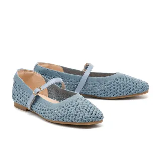 【MELROSE】美樂斯 率性優雅純色方釦繫帶飛織布瑪莉珍方頭平底鞋(藍)