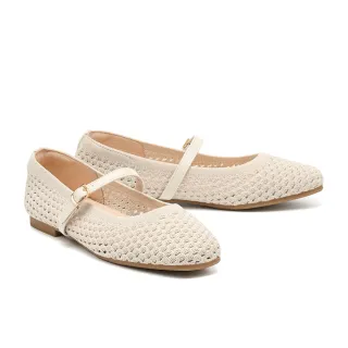 【MELROSE】美樂斯 率性優雅純色方釦繫帶飛織布瑪莉珍方頭平底鞋(米白)