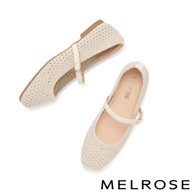 【MELROSE】美樂斯 率性優雅純色方釦繫帶飛織布瑪莉珍方頭平底鞋(米白)