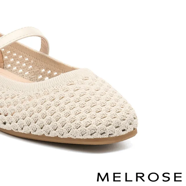 【MELROSE】美樂斯 率性優雅純色方釦繫帶飛織布瑪莉珍方頭平底鞋(米白)
