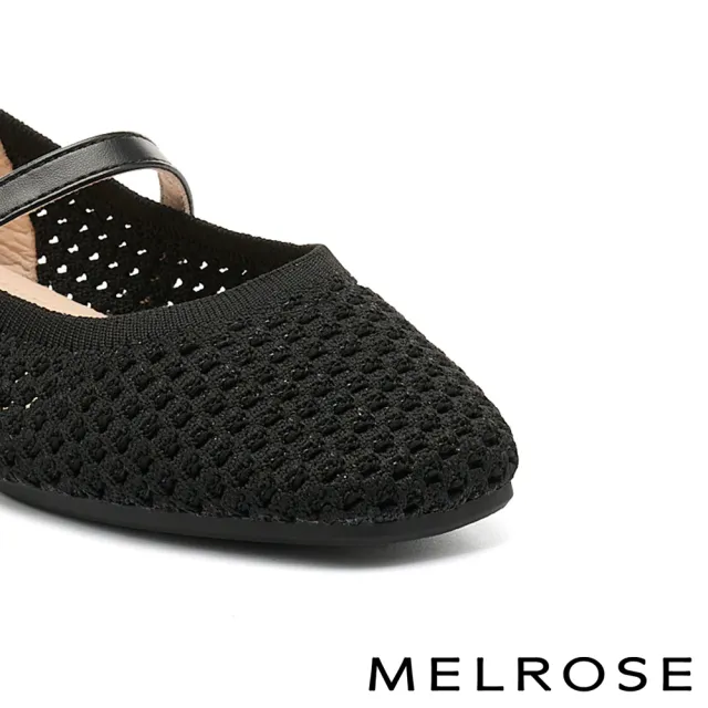 【MELROSE】美樂斯 率性優雅純色方釦繫帶飛織布瑪莉珍方頭平底鞋(黑)