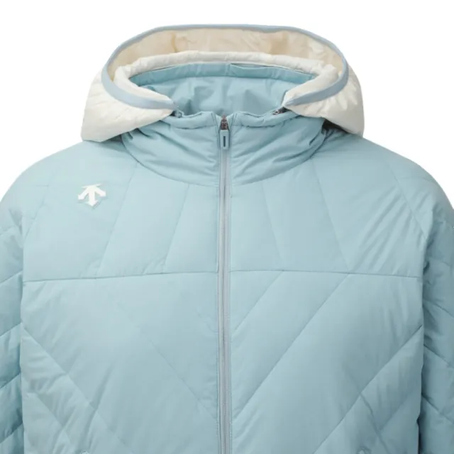 【DESCENTE】GOLF 迪桑特 女士 可拆式連帽高爾夫羽絨外套(白色/淺藍色)
