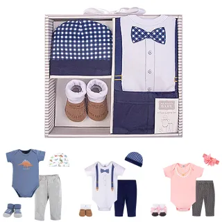 【Hudson Baby】彌月禮盒-嬰兒包屁衣長褲套裝禮盒組(新生兒寶寶襪髮帶頭花)