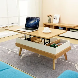 【E-home】Breeze微風系升降收納實木腳長方咖啡桌-幅100cm 原木色(茶几 桌 蝴蝶 折桌 收納)