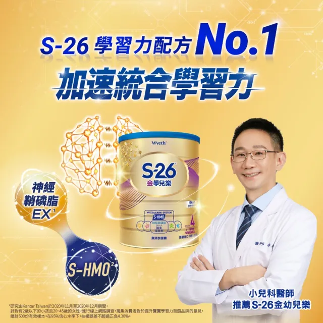 【惠氏 S-26】官方直營 金學兒樂S-HMO成長配方3-7歲（1600gx12罐）(免運)
